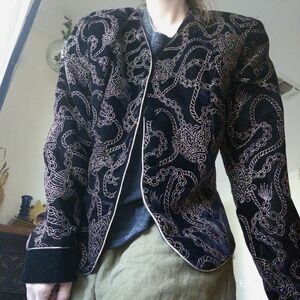 Vintage Black and Gold Glitter Formal Velvet Suede Jacket Women's Size Small